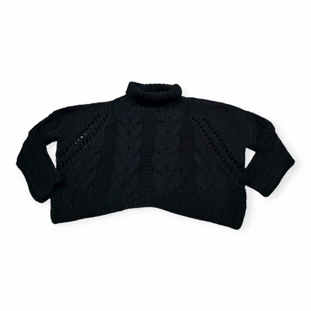 POL for ANTHROPOLOGIE Women’s Black Cable Knit Crop Turtleneck Sweater Large
